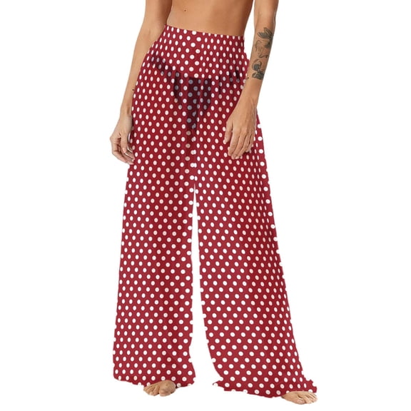 FRSASU Wide Leg Pants Women Summer Polka Dot Print Boho Palazzo Pants High Waist Lightweight Lounge Trousers Wine