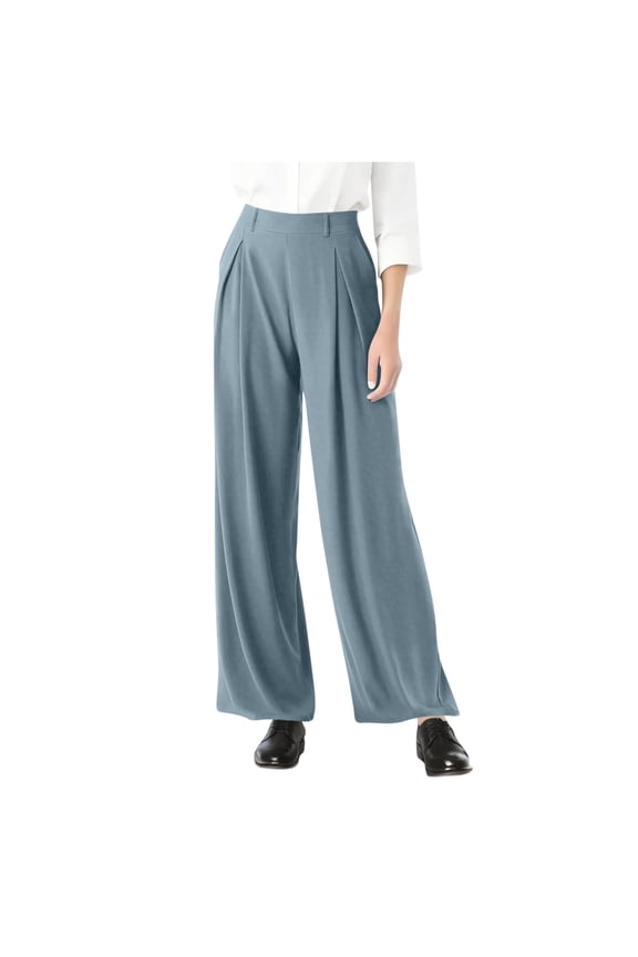 Wide Leg Pants Women's High Elastic Waisted Business Work Trousers Long Straight Leg Pants with Pockets Sky Blue