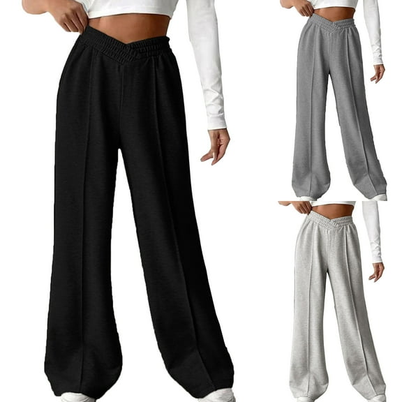 FRSASU Wide Leg Pants for Women Solid Casual Loose Cozy Sweatpants V Shaped Elastic Waisted Lounge Flowy Pants Gray