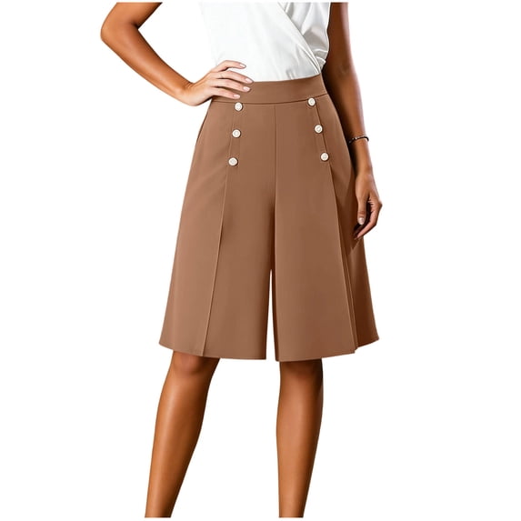 FRSASU Wide Leg Shorts for Women Button Up Elastic Back Casual Pleated Knee Length Pull On Bermuda Shorts with Pockets Khaki