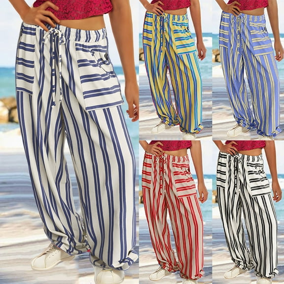 FRSASU Wide Leg Sweatpants Women High Waisted Drawstring Baggy Sweat Pants Active Striped Track Pants with Pockets Yellow