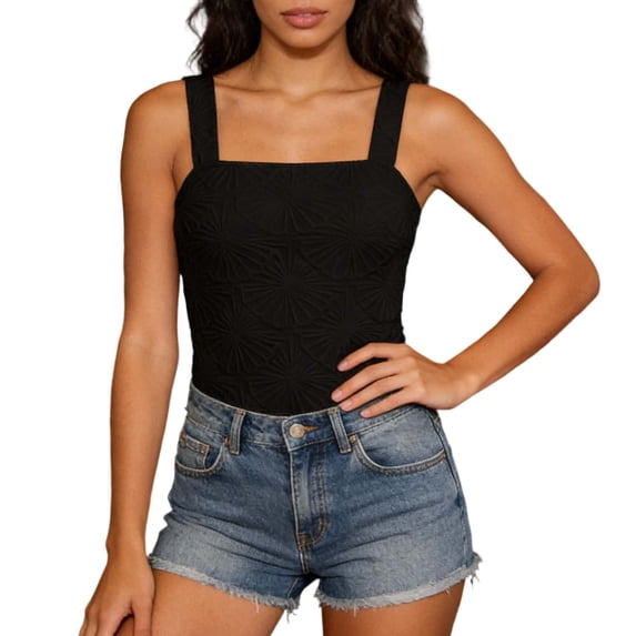 FRSASU Wide Strap Crop Tank Tops for Women Square Neck Slim Fit Cropped Cami Vest Backless Lettuce Trim Solid Tees Top Black