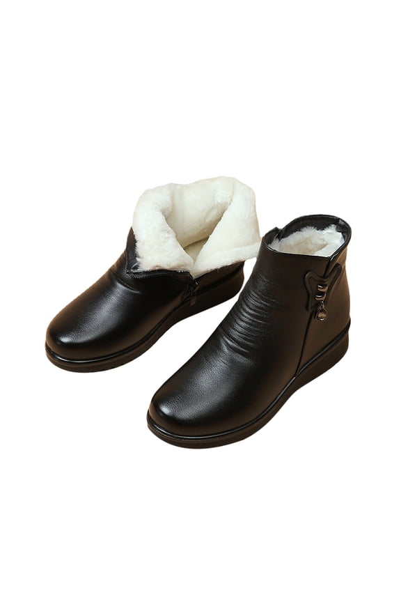 Winter Boots Women Shoes Water Proof Platform Round Toe Mid Heels Comfortable Warm Thick Fleece Side Zip Snow Ankle Boots Black 8.5(41)