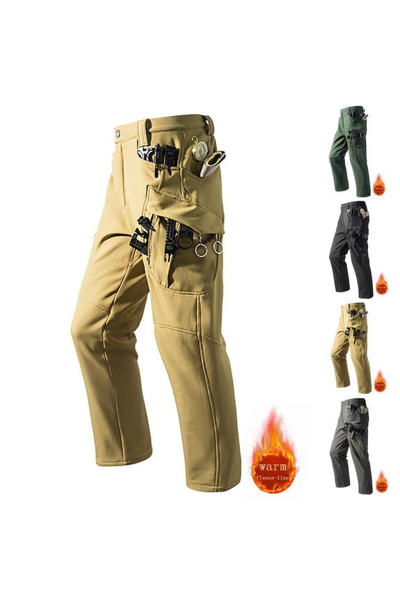 Winter Cargo Pants for Men Fleece Lined Waterproof Cotton Pants Insulated Hiking Pant for Ski Snowboard Outdoor Work Hunting Khaki