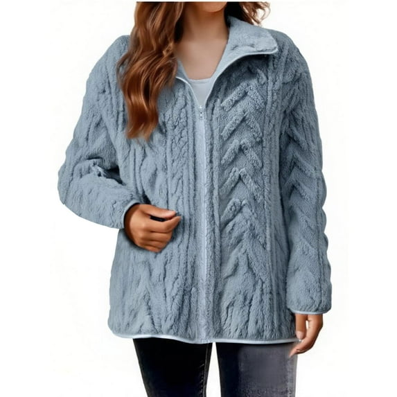 FRSASU Winter Fleece Jacket for Women Solid Color Jacquard Long Sleeve Zip up Coats Blue