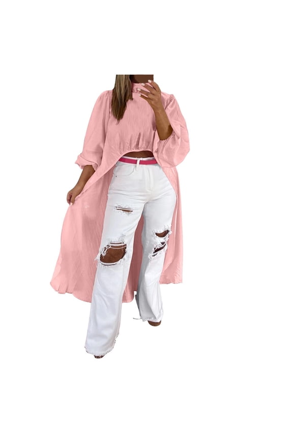 Woman's Fashion Blouse Casual Turtleneck Long Sleeve Solid Back Zipper Trendy Top Pink XL(XL)