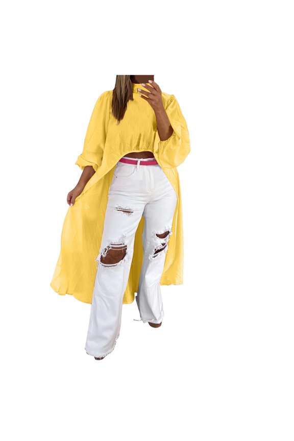 Woman's Fashion Blouse Casual Turtleneck Long Sleeve Solid Back Zipper Trendy Top Yellow L(L)
