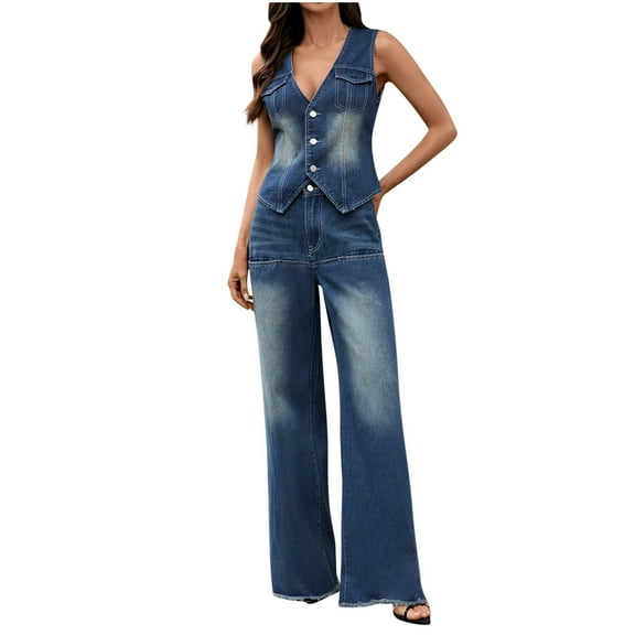 FRSASU Women 2 Piece Denim Set Button Sleeveless Jean Vest Denim Top Shirt Wide Leg Jeans Pants Outfits Blue L(L)
