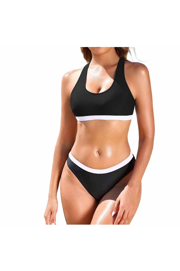 Women 2 Piece High Waisted Bikini Sets Color Block Sporty Swimsuits Wide Straps Bathing Suit Summer Swimwear Black