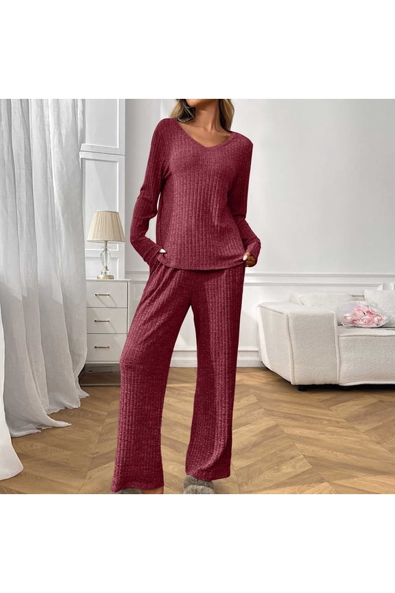 Women 2 Piece Pajamas Sets Long Sleeve off Shoulder Top and Pants Ribbed Set Fall V Neck Loungewear Outfit Wine