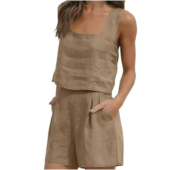 FRSASU Women 2 Piece Sets Summer Sleeveless Square Neck Crop Tank Top Elastic Waist Shorts Casual Suit Coffee