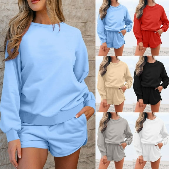 FRSASU Women 2 Piece Solid Outfits Sweatsuit Casual Long Sleeve Crewneck Pullover and Split Elastic Waist Shorts Sets Travel Tracksuit White XL(XL)