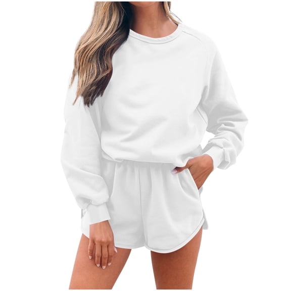 FRSASU Women 2 Piece Solid Outfits Sweatsuit Casual Long Sleeve Crewneck Pullover and Split Elastic Waist Shorts Sets Travel Tracksuit White XXL(XXL)