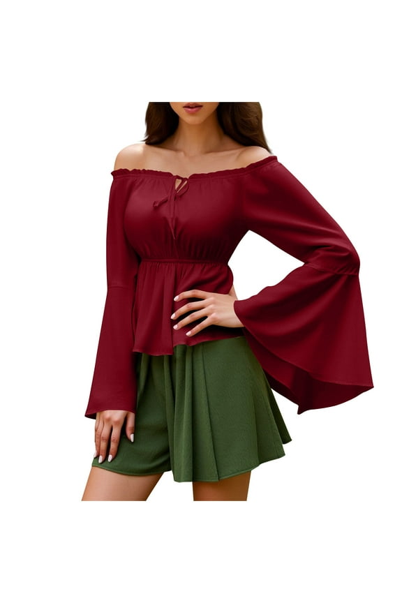 Women Bat Sleeve Solid Color Tops Literary Art Vintage off Shoulder Casual Loose Blouse Wine L(L)