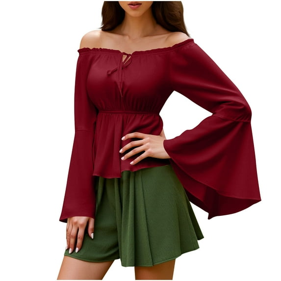 FRSASU Women Bat Sleeve Solid Color Tops Literary Art Vintage off Shoulder Casual Loose Blouse Wine S(S)
