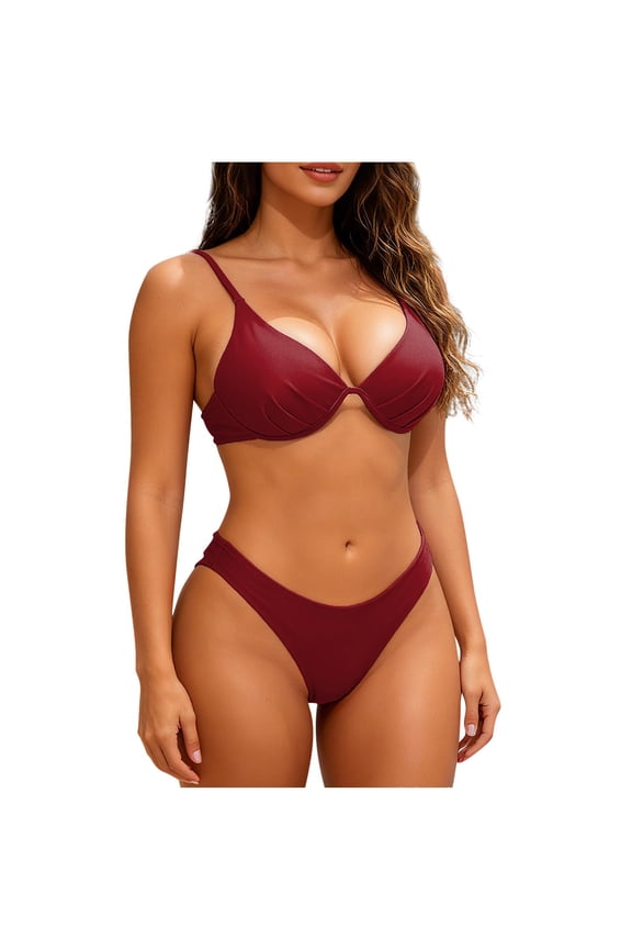 Women Bikini Set Two Piece Push up Ruffle Bathing Suits Solid Color Suspender Swimsuits with Bottoms Wine