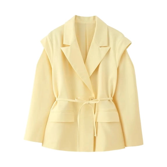 FRSASU Women Blazers Lapel Classic Casual Long Sleeve Casual Waist Cinched Wide Shoulder Jacket Top Yellow M(M)