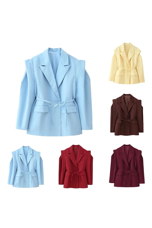 Women Blazers Lapel Classic Casual Long Sleeve Casual Waist Cinched Wide Shoulder Jacket Top Yellow S(S)