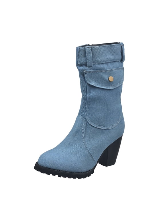 Women Boots ,European and American Large Size High Heel Denim Mid-Tube Women'S Boots