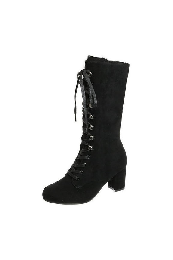 Women Boots ,Women Boots Shoes Thick Low-Heeled Boots Plus Size Mid Calf Lace Up Boots