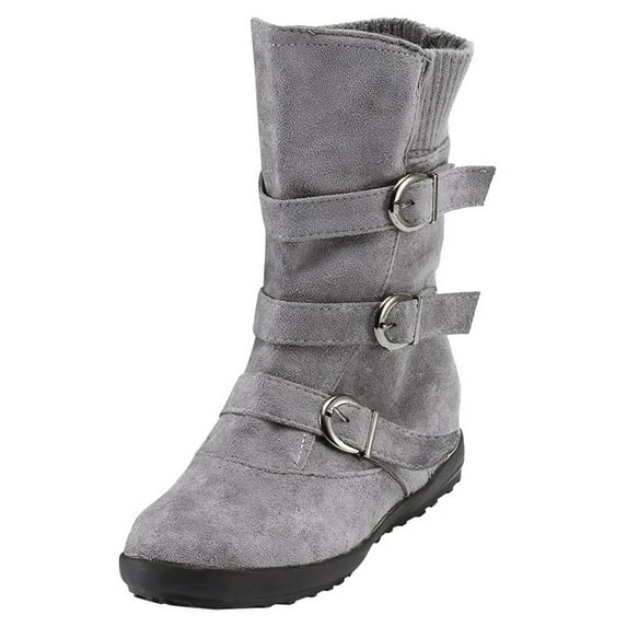 FRSASU Women Boots ,Women Suede Round Toe Zipper Flat Pure Color Buckle Strap Keep Warm Snow Boots