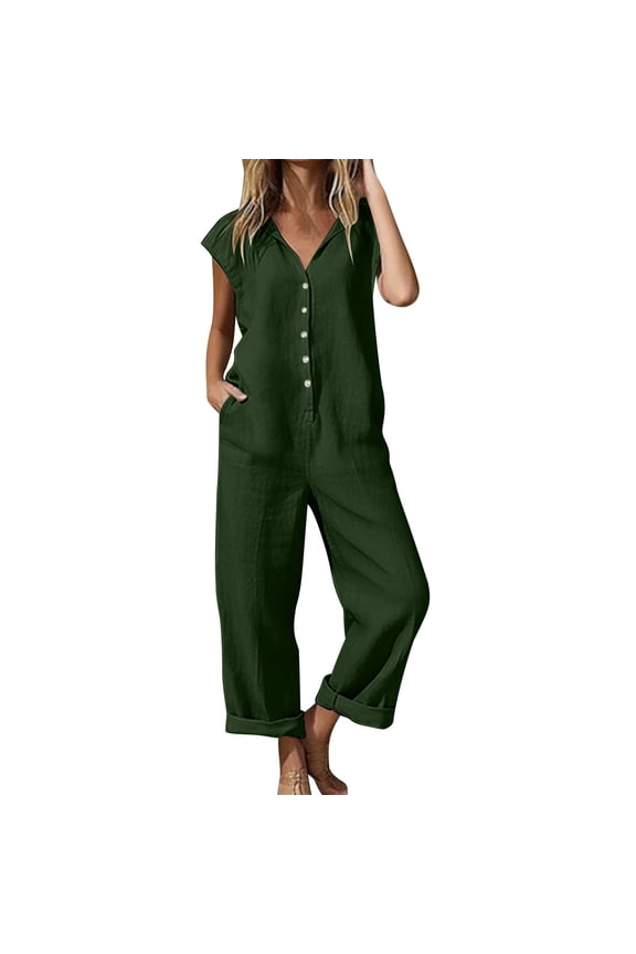 Women Button Down Jumpsuits Cotton Linen Casual Wide Legs Rompers Loose Overall with Pockets Green