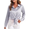 thumbnail image 1 of FRSASU Women Button Down Shirts long Sleeve imitation silk Basic Business Dress Shirt Slim Fitted Classic V Neck Button Up Work Blouse Tops Gray, 1 of 8
