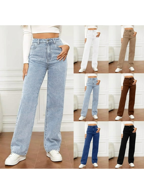 Women Cargo Jeans High Waist Straight Leg Trendy Stretchy Lightweight Jeans for Women White XL(XL)