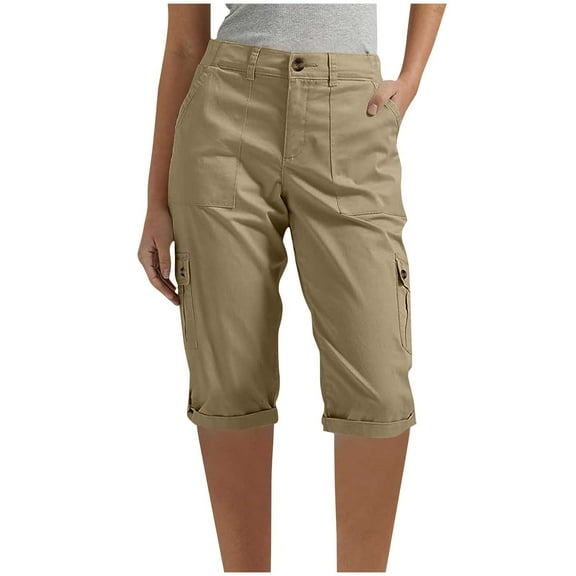 FRSASU Women Cargo Pants Solid Color Elastic Waist Button Casual Shorts Pants with Pocket Khaki