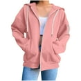 thumbnail image 1 of FRSASU Women Casual Full Zip up Hoodie Comfy Loose Long Sleeve Sweatshirt Solid Color Jacket with Pockets Pink, 1 of 8