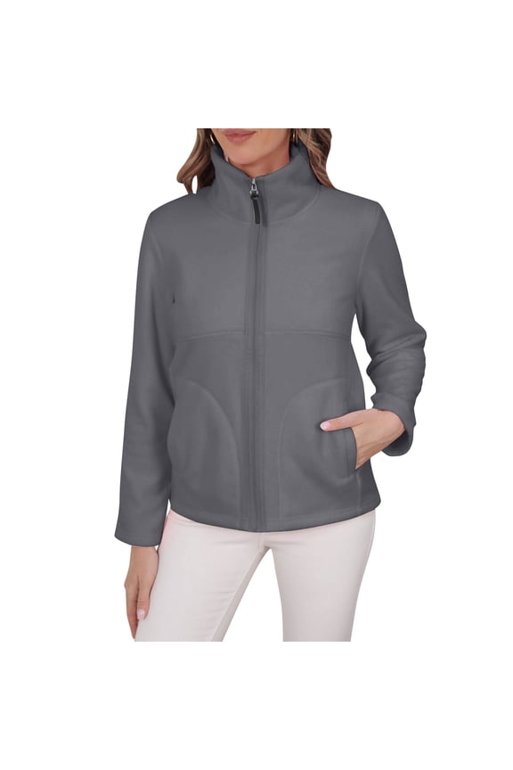 Women Casual Full Zip up Jackets Casual Solid Color Versatile Basic Long Sleeve Hoodless Fleece Jackets Gray