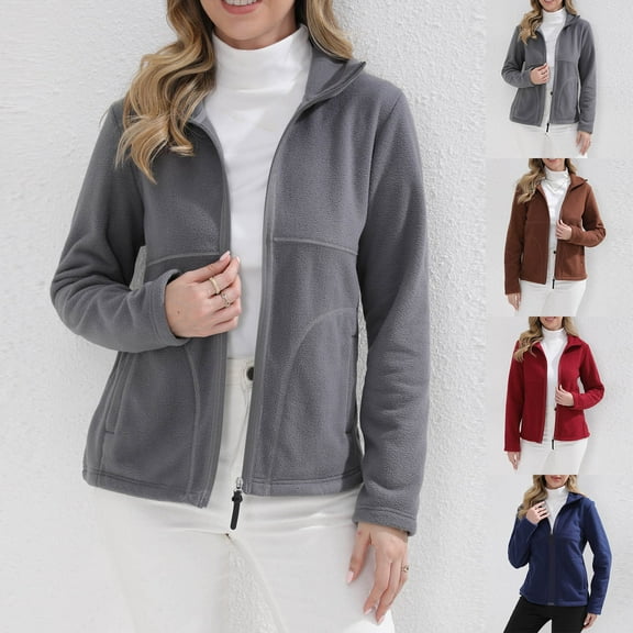 FRSASU Women Casual Full Zip up Jackets Casual Solid Color Versatile Basic Long Sleeve Hoodless Fleece Jackets Red