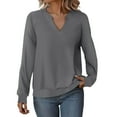 thumbnail image 1 of FRSASU Women Casual Long Sleeve V Neck Sweatshirts Solid Color Cute Loose Fit Lightweight Pullover Tops Dark Gray, 1 of 9