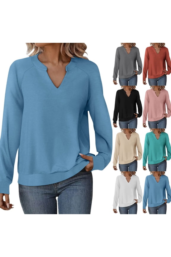 Women Casual Long Sleeve V Neck Sweatshirts Solid Color Cute Loose Fit Lightweight Pullover Tops White