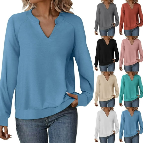 FRSASU Women Casual Long Sleeve V Neck Sweatshirts Solid Color Cute Loose Fit Lightweight Pullover Tops White