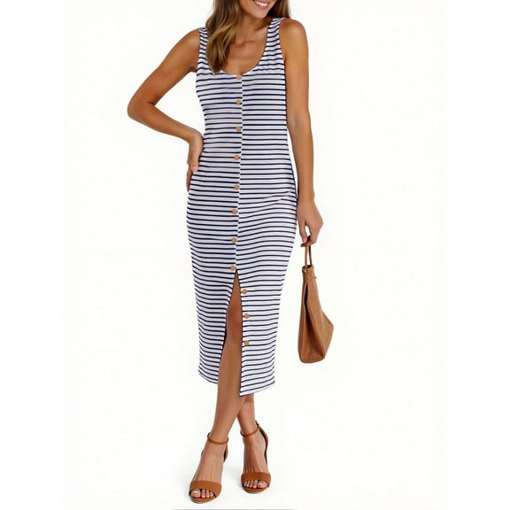 FRSASU Women Casual Sleeveless Striped Tank Midi Dresses Spring U Neck Bodycon Dresses T Shirt Summer Dress Blue L