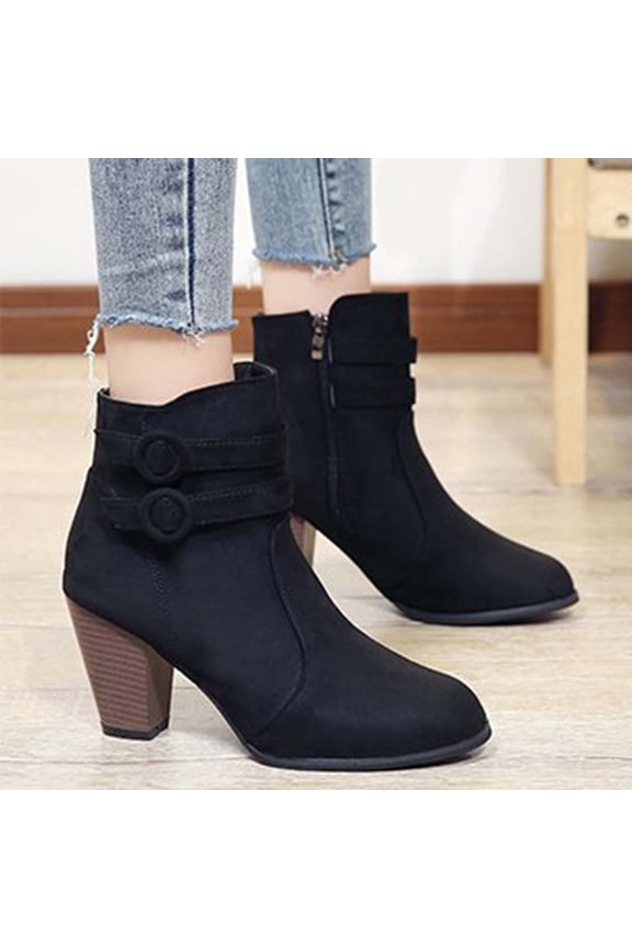 Women Casual Versatile Cool and Eye-Catching Frosted Boots with A Middle Heel and Belt Buckle Thick Heel and Short Boots Black