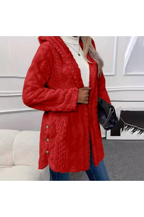 Women Casual and Comfortable Warm Plush Jacquard Cardigan Coat Hooded Jacket Winter Plus Size Coat Red
