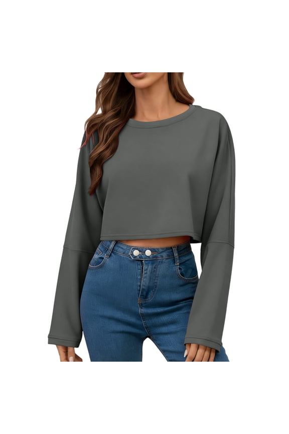 Women Cinched Waist Tops Long Sleeve Boat Neck Shirt Tighten Fitted Waist Crop Spring Summer Blouses Gray