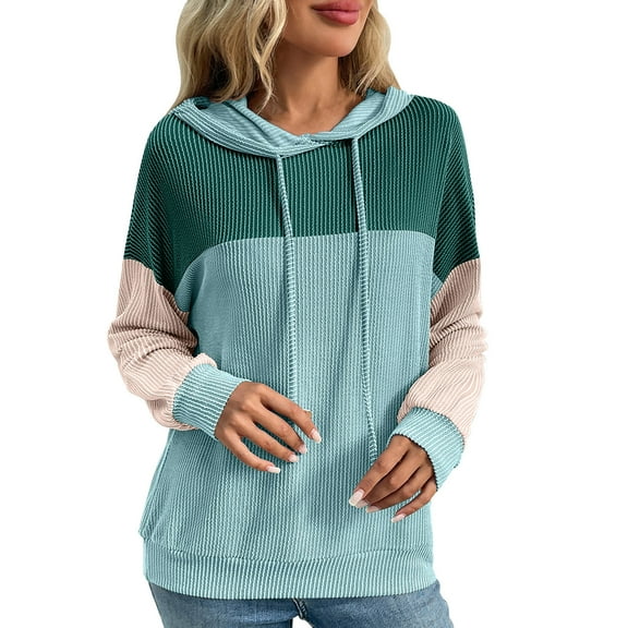 FRSASU Women Color Block Hoodie Lightweight Drawstring Long Sleeve Pullover Trendy Sweatshirts Green