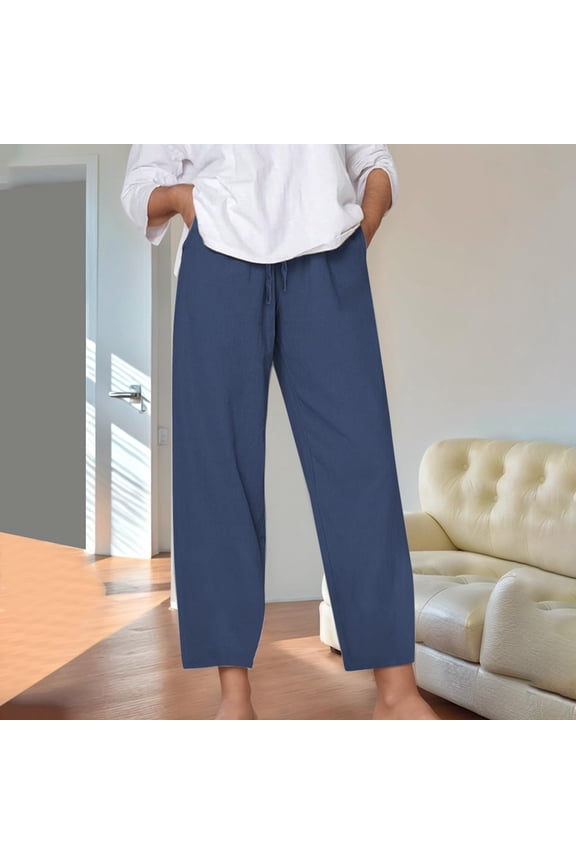 Women Comfy Slacks Solid Color Strap Cotton and Hemp Versatile Straight Casual Nine Leg Pants with Pockets Dark Blue