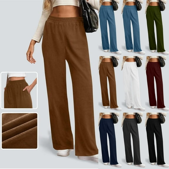 FRSASU Women Corduroy Pants with Pockets High Straight Leg Elastic Waist Solid Color Casual Fall/Winter Trousers White