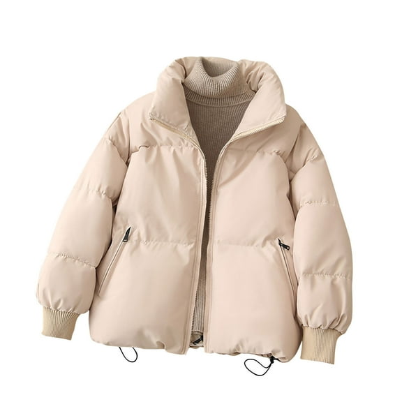 FRSASU Women Cotton Coat Winter Casual Soft Thick Stand Collar Long Sleeve Solid Color Zipper Closure Fashion Jacket Beige