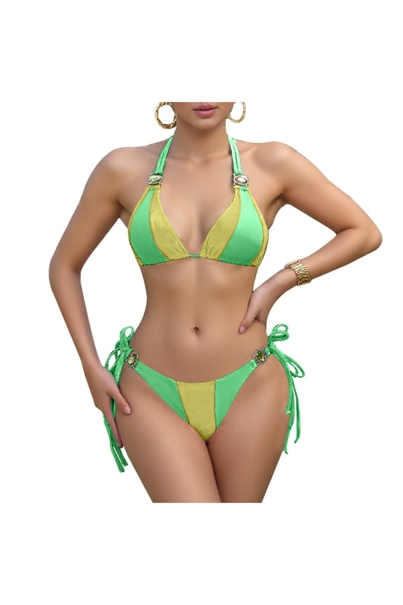 Women Crystal Rhinestone Bikini Set, Halter Triangle 2 Piece Swimsuit, High Cut Scrunch Butt Cheeky Bathing Suit Green