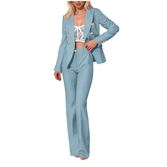 FRSASU Women Double Breasted Blazer Set formal 2 Piece Pants Outfits Long Sleeve Bussines Suit Set for Work office Light Blue