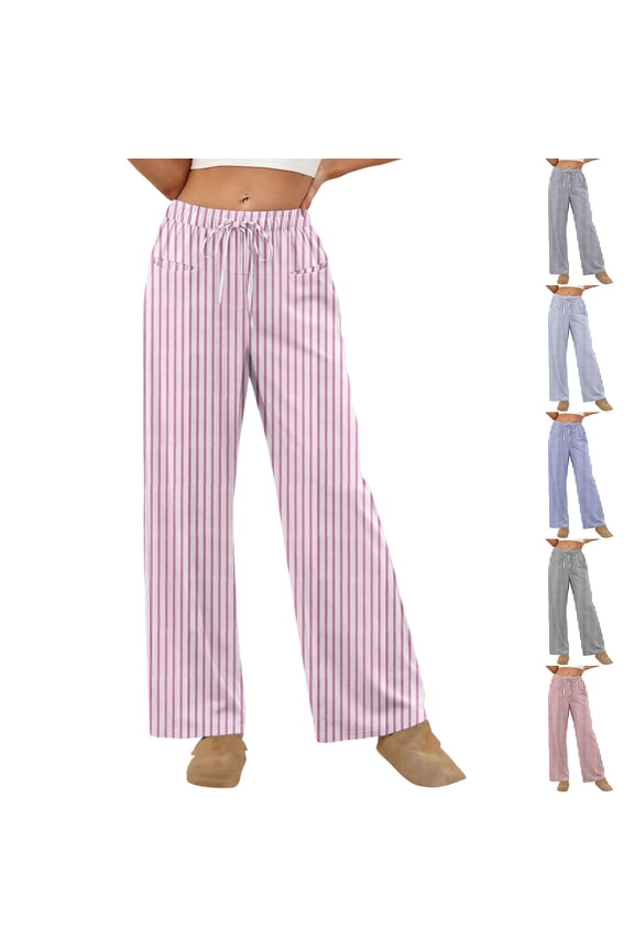 Women Drawstring Stripe Wide Leg Casual Trousers Striped Elastic Waist Straight Leg Loose Lounge Pants with Pockets Red
