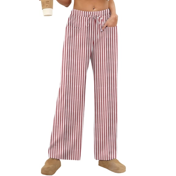FRSASU Women Drawstring Stripe Wide Leg Casual Trousers Striped Elastic Waist Straight Leg Loose Lounge Pants with Pockets Red