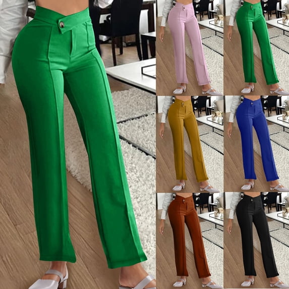 FRSASU Women Dress Pants High Waisted Straight Leg Casual Full Length Solid Color Suit Pants Yellow