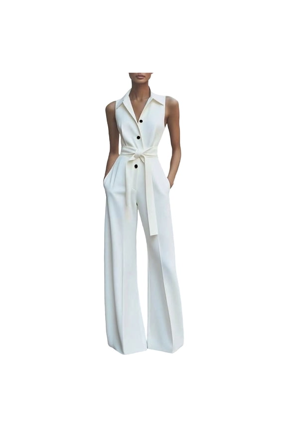Women Dressy Casual Jumpsuits Elegant High Waist Romper Summer Sleevesless Button Wide Leg Pants White