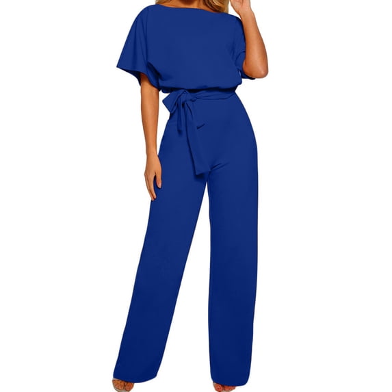 FRSASU Women Dressy Overall Jumpsuit 2 Piece Outfits Casual Crew Neck Short Sleeve Tie Waist Work Business Rompers Blue